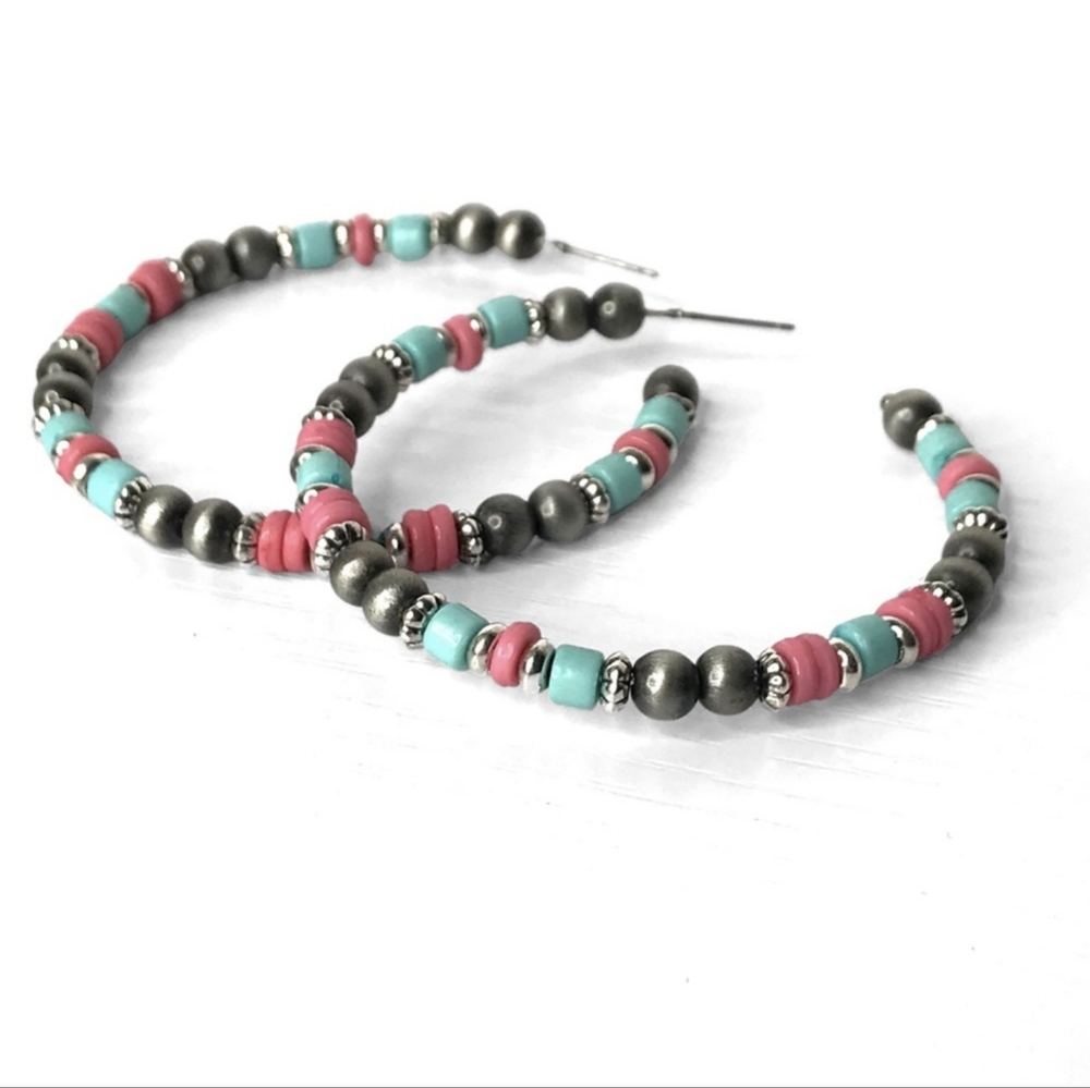 Colorful Hoop Earrings w/Turquoise Stones, Pink & Gunmetal Beads